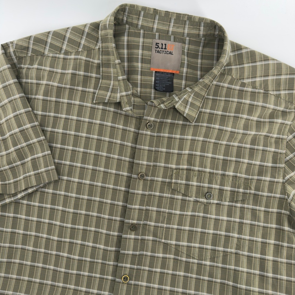 5.11 Tactical Mens XL Short Sleeve Button Down Shirt Plaid Olive Green Ripstop